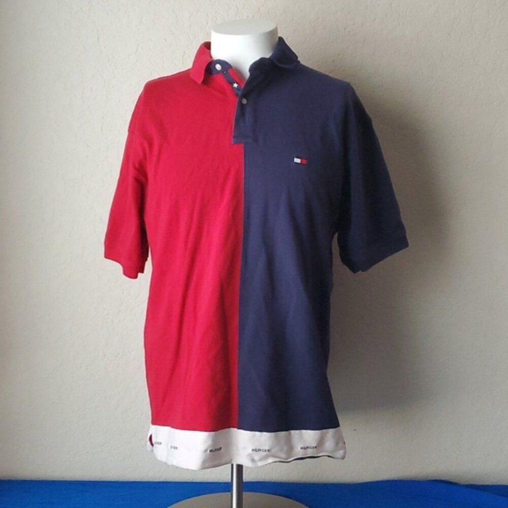 VTG 90's Tommy Hilfiger Color Block Polo size L Small Flag Spell Out bottom